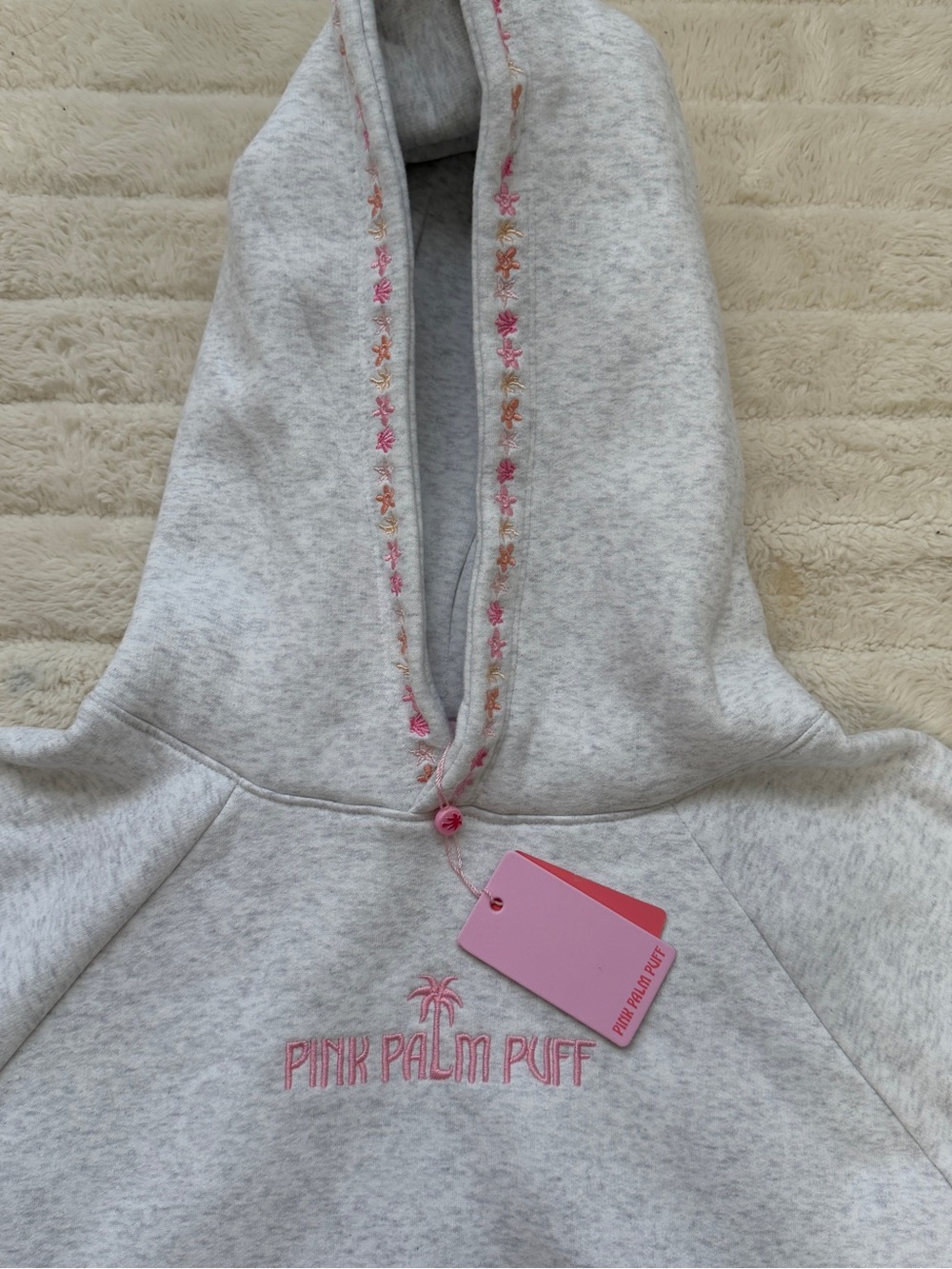 Pink Palm Puff Light Gray Embroidered Hoodie - Picture 3 of 5